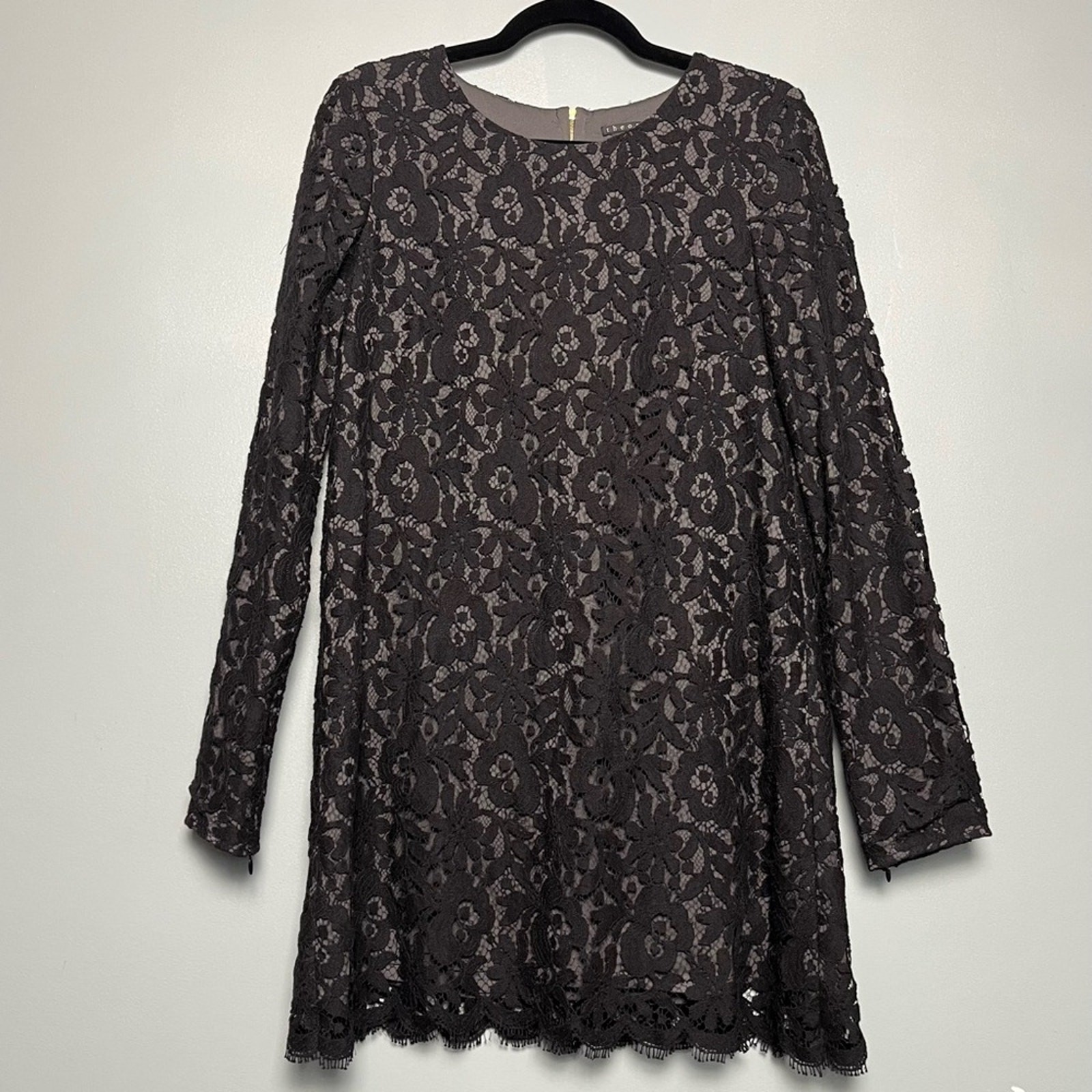Theory Marique Black Lace Long Sleeve Mini Dress Womens Size 10 Sheath High Neck
