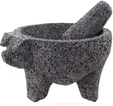 9 inch Molcajete Mortar and Pestle with Pig Design, Mexican Handmade with Lava