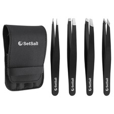 SetSail 4-Piece Tweezers Set, Eyebrow Tweezers Black Stainless Steel Slant, S...