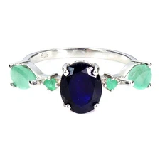 925 Sterling Silver Ring Oval Blue Sapphire 9x7mm Emerald Gemstone Jewelry Sz 8