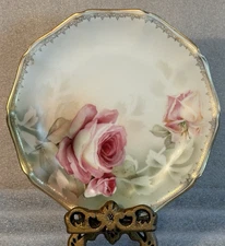 2 Antique RS Prussia 7.25 Bread or Dessert Plates Rose Motif Gold Trim