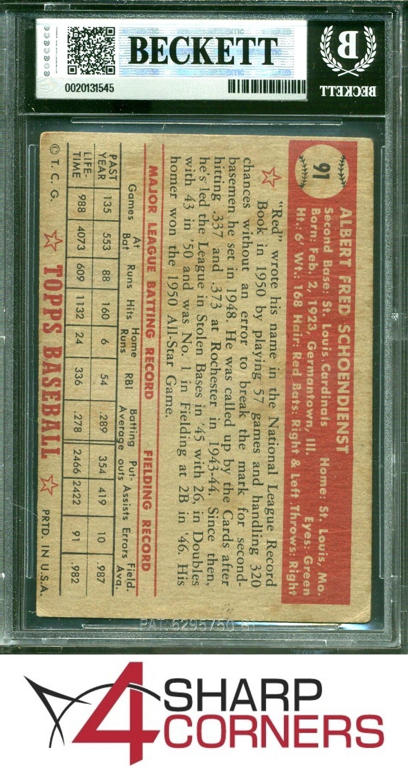1952 TOPPS #91 AL RED SCHOENDIENST CARDINALS HOF BGS 2.5 view 2