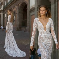 White Deep V Long Sleeve Illusion Lace Mermaid Wedding Dress LowBack Bridal Gown
