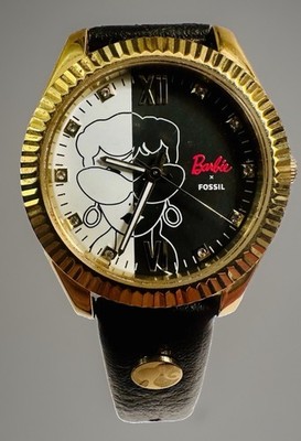 FOSSIL X BARBIE WATCH Limited Edition SPLIT DIAL  Gold Tone Case, Black Leather