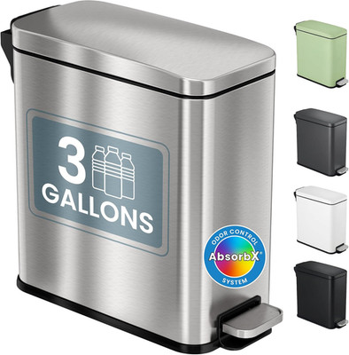 3 Gallon Small Wastebasket for Bathroom with Lid, Odor Filter, Soft-Step Stainle