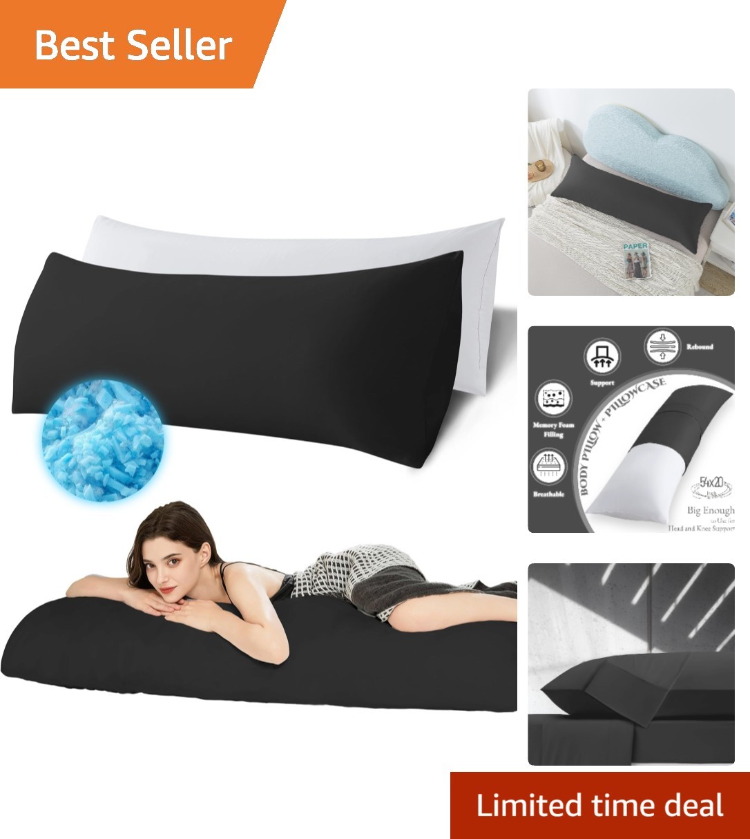 Extra-Large 20x54 Inch Memory Foam Body Pillow - Relief from Back and Hip Pain