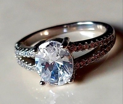 S925 Sterling Silver Oval Cut Double Strand Cubic Zirconia Ring Size 7 + Box