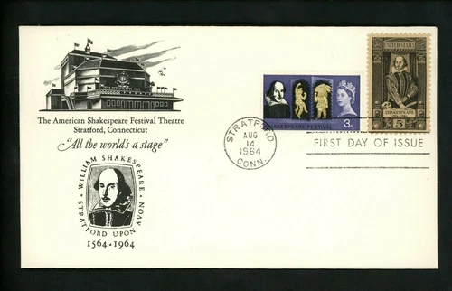 US FDC #1250 Malcolm Dizer M-12 1964 CT Shakespeare Combo Great Britain #402
