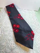 Mens Necktie Vintage 1970s Wide Tie Black Red Flowers Dumont France 54"L