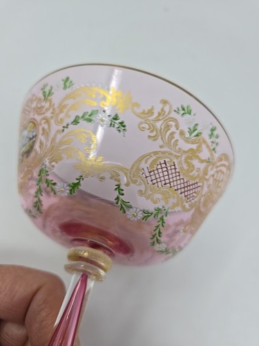 Venetian Enameled Figural Landscape Scene Pink Champagne / Sherbert Glass 6" #3 - Picture 6 of 15