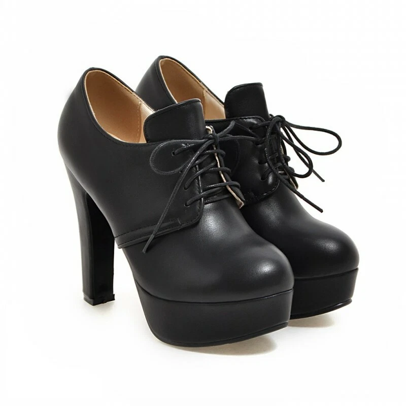 Zapatos de salón informales con plataforma con cordones punta redonda bloque tacón alto brogue para mujer D Foto 4 de 4