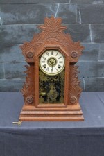 Antique Gilbert Gingerbread Mantle Shelf Clock Ornate Oak Stencil Glass Alarm