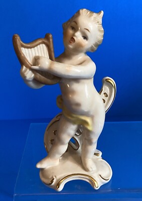 Kitch Goebel W.Germany Sign DA Cherub Figurine Harp 5'' 1978 Granny Core