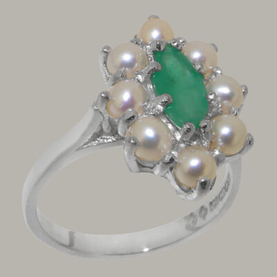 Solid 14ct White Gold Natural Emerald & Full Pearl Womens Cluster Ring