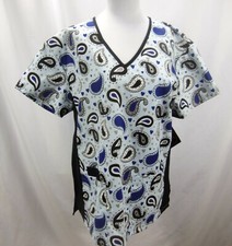JDM Divine Scrubs Women's Large V-Neck Printed Scrub Top Blue Paisley Design