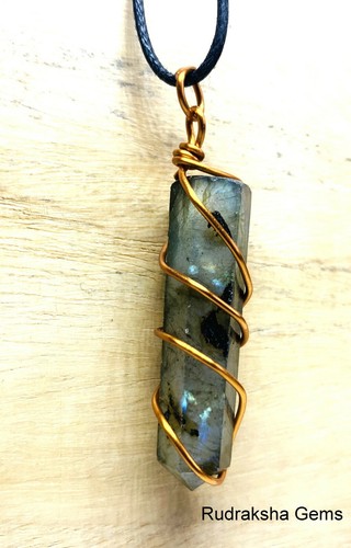 LABRADORITE CRYSTAL COPPER WIRE WRAP PENDANT CORD NECKLACE REIKI HEALING GIFT OM - Picture 3 of 3