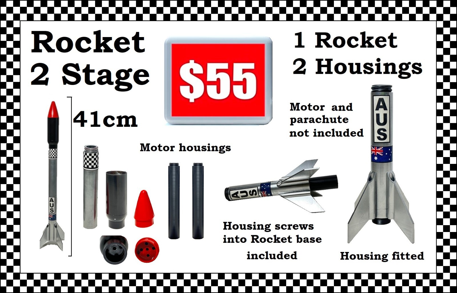 Checker 2 Stage Model Parachute Rocket 3D printed Rocket and Motor Housings