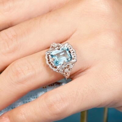 935 Silver 9.13CT Prong Set Emerald Cut Blue Topaz Amazing Filigree Design Ring