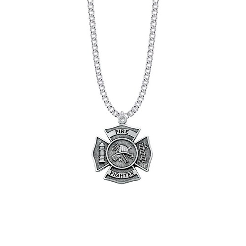 Men's Sterling Silver Fire Fighter Shield Medal Cross Philippians 4:13 Necklace - Picture 3 of 4