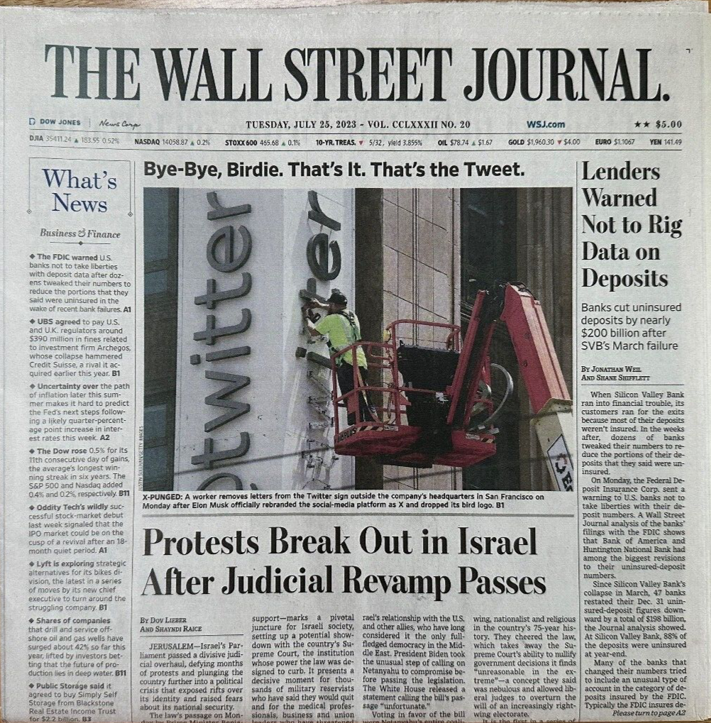 7/25/2023 Wall Street Journal - Elon Musk Twitter to X, Yosemite 