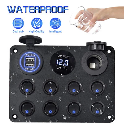 ISWEES 8 Gang Campervan RV 12V LED Light Switch Control Panel Voltmeter 2 USB Charger