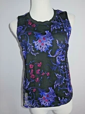 NWT A NEW DAY Women's Black Sleeveless Top w/ Embroidery Purple Flowers Size XS