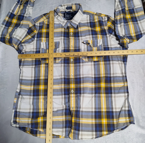 AMERICAN EAGLE ATHLETIC FIT Men 2XL Blue Gold Plaid Button-Up Long Sleeve Shirt - Picture 10 of 17
