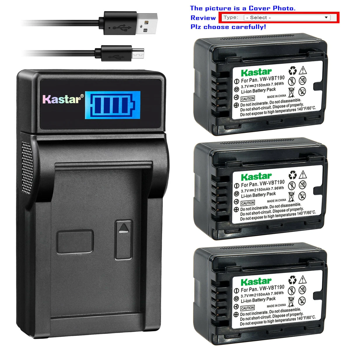Kastar Battery LCD USB Charger for Panasonic VW-VBT190 Battery VW