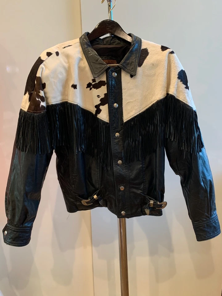 Vintage 1990s Wolf & Sons Mens Leather Cowhide Fringe Jacket Size Small
