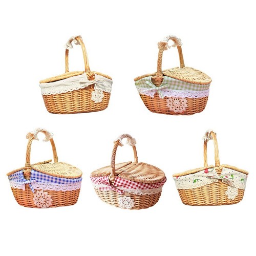 Wicker Woven Picnic Basket Hamper With Lid Camping Food Hand Storage Containers