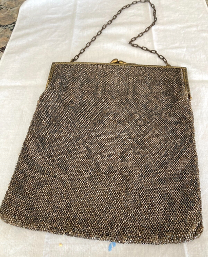 ANTIQUE MICROBEADED METALLIC GOLD SILVER Gold Chain/Kisslock PURSE Art Deco 8" - Picture 22 of 24