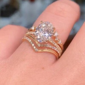 Authentic Art Deco Oval Moissanite Ring With 3 Pcs Wedding Ring Set 14K Yellow Gold Plated