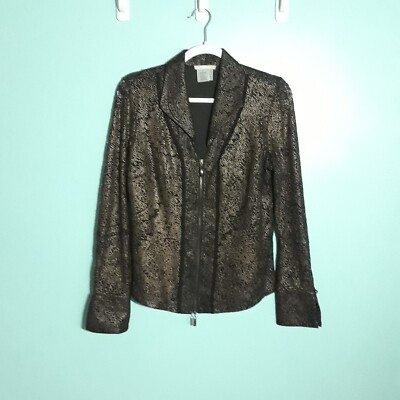 Alberto Makali Jacket size Large, Gold Sequins Black Blazer Zip Front Party VG