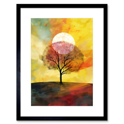 Large Sun Setting Behind a Lonely Tree on a Hill Framed Wall Art Print 9X7 In