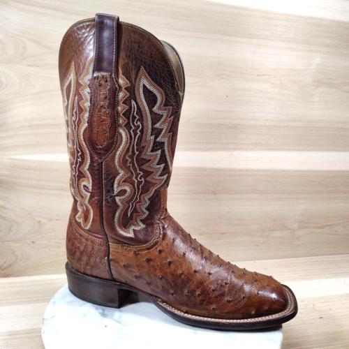 Stivali da cowboy Lucchese full quill struzzo uomo 9,5 marrone esotico western punta quadrata