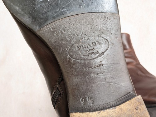 Prada Side Zip Boots Brown Men 10.5 Leather Dress Shoes Designer Italy Brogues - 第 17/19 張圖片