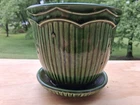 McCoy Pottery Green "stripe" 4in tall planter Round, RARE, Ceramic w/Tray Nice!