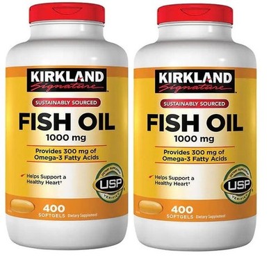 (2 Pack) Kirkland Fish Oil 1000 mg 400 Softgels x 2 = 800Ct Exp 11/2027