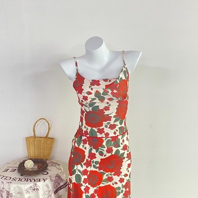 Red Rose Print Cami Maxi Skirt Set S Two Piece Floral Outfit