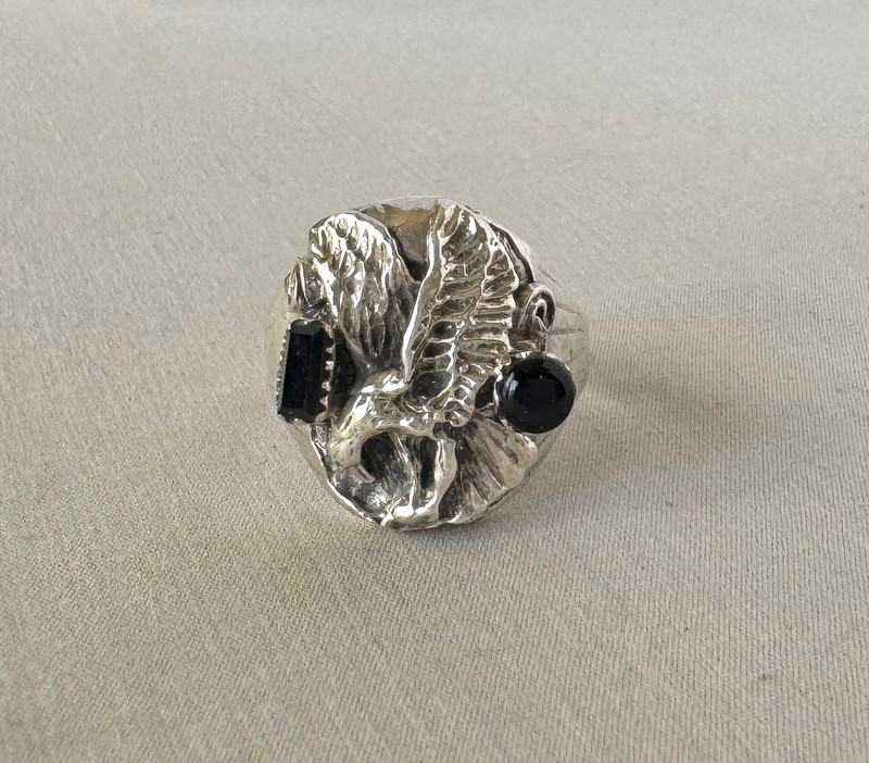 Sterling Silver & Black Onyx Southwestern Style EAGLE RING Size 12 1/2;A807