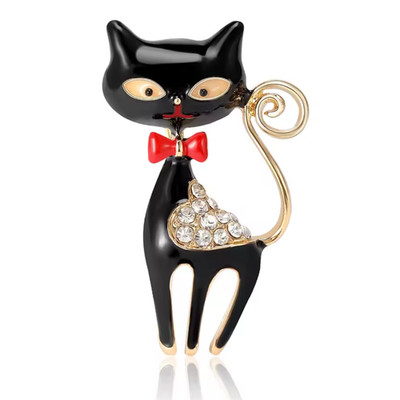 Enamel Black Cat Brooch Gold Rhinestone Pin - Cute Animal Statement Jewelry Gift