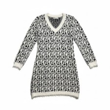 White Mark Leopard Print Eyelash Knit V-Neck Sweater Dress Black White Small