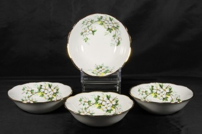 ROYAL ALBERT WHITE DOGWOOD BRUSHED GOLD TRIM SOUP CEREAL BOWLS-4 -ENGLAND