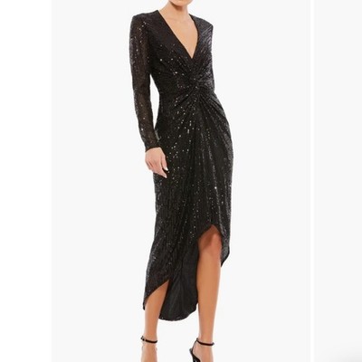IEENA for MAC DUGGAL Black Sequin Long Sleeve V Neck Ruched Wrap Dress 26549