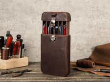 Handmade Leather 6 Fountain Pen Case Holder Tray Desk Organizer Luxury USA Made