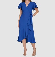 Tommy Hilfiger Women's Blue Flutter-Sleeve Ruffle-Hem A-line Dress Size 2