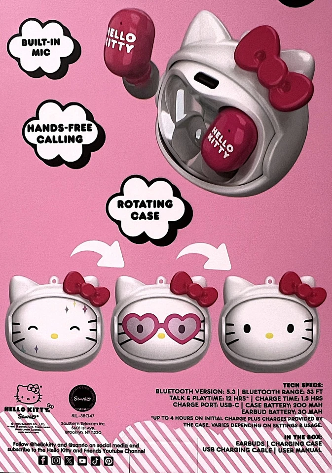 Sanrio Hello Kitty Bluetooth беспроводные наушники с вращающимся лицом зарядки чехол новый в коробке - Изображение 3 из 3