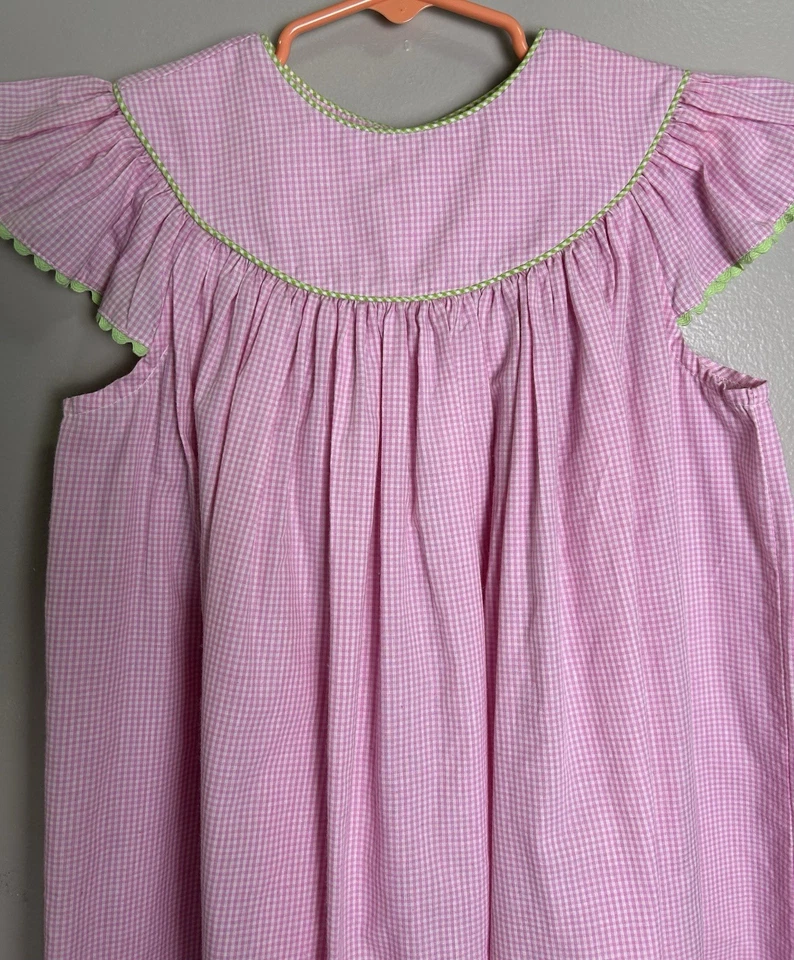 Vestido longo Bishop Kelly’s Kids meninas tamanho 6 - 7. Xadrez rosa Gingham. Cottagecore - Imagem 2 de 4