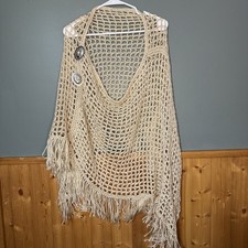 Boho Hippie Gypsie Crocheted Shawl Wrap. Ivory Fringed Lightweight Cottagecore