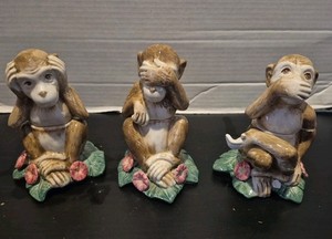 Rare Majolica Fitz & Floyd Hear No Evil/See No Evil/Speak No Evil Condiments